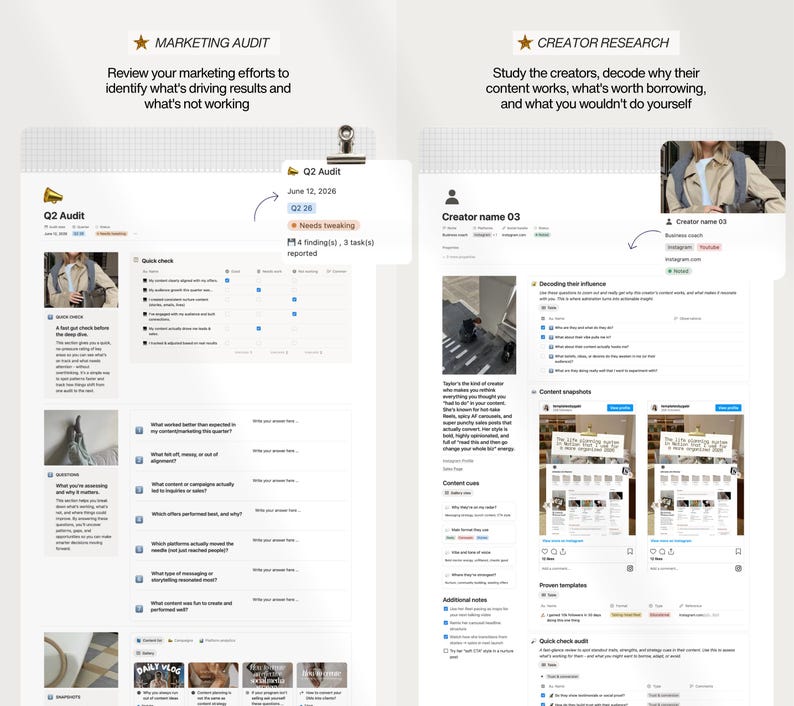 K&ouml;nnte beinhalten: Zweiseitiges digitales Layout. Die linke Seite ist ein Marketing-Audit mit Checkliste, die rechte Seite eine Creator-Recherche-Seite mit Profil und Content-Snapshots.