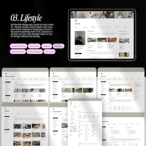 May include: A website design mockup for a lifestyle app. The app is organised into categories such as books & media, travel planner, plant care, wishlist, contacts, chore tracker, and pet care. Each category has a list of items with images and descriptions.