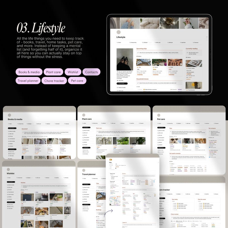 May include: A website design mockup for a lifestyle app. The app is organised into categories such as books & media, travel planner, plant care, wishlist, contacts, chore tracker, and pet care. Each category has a list of items with images and descriptions.