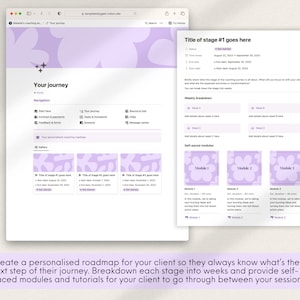 K&ouml;nnte beinhalten: Ein Screenshot einer Website mit einem lila und wei&szlig;en Farbschema. Die Website ist f&uuml;r ein Coaching-Programm und bietet eine Roadmap f&uuml;r Kunden. Die Roadmap umfasst w&ouml;chentliche Aufschl&uuml;sselungen und selbstgesteuerte Module. Der Text auf der Website lautet "Deine Reise" und "Titel von Stufe #1 hier".