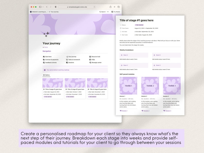 K&ouml;nnte beinhalten: Ein Screenshot einer Website mit einem lila und wei&szlig;en Farbschema. Die Website ist f&uuml;r ein Coaching-Programm und bietet eine Roadmap f&uuml;r Kunden. Die Roadmap umfasst w&ouml;chentliche Aufschl&uuml;sselungen und selbstgesteuerte Module. Der Text auf der Website lautet "Deine Reise" und "Titel von Stufe #1 hier".
