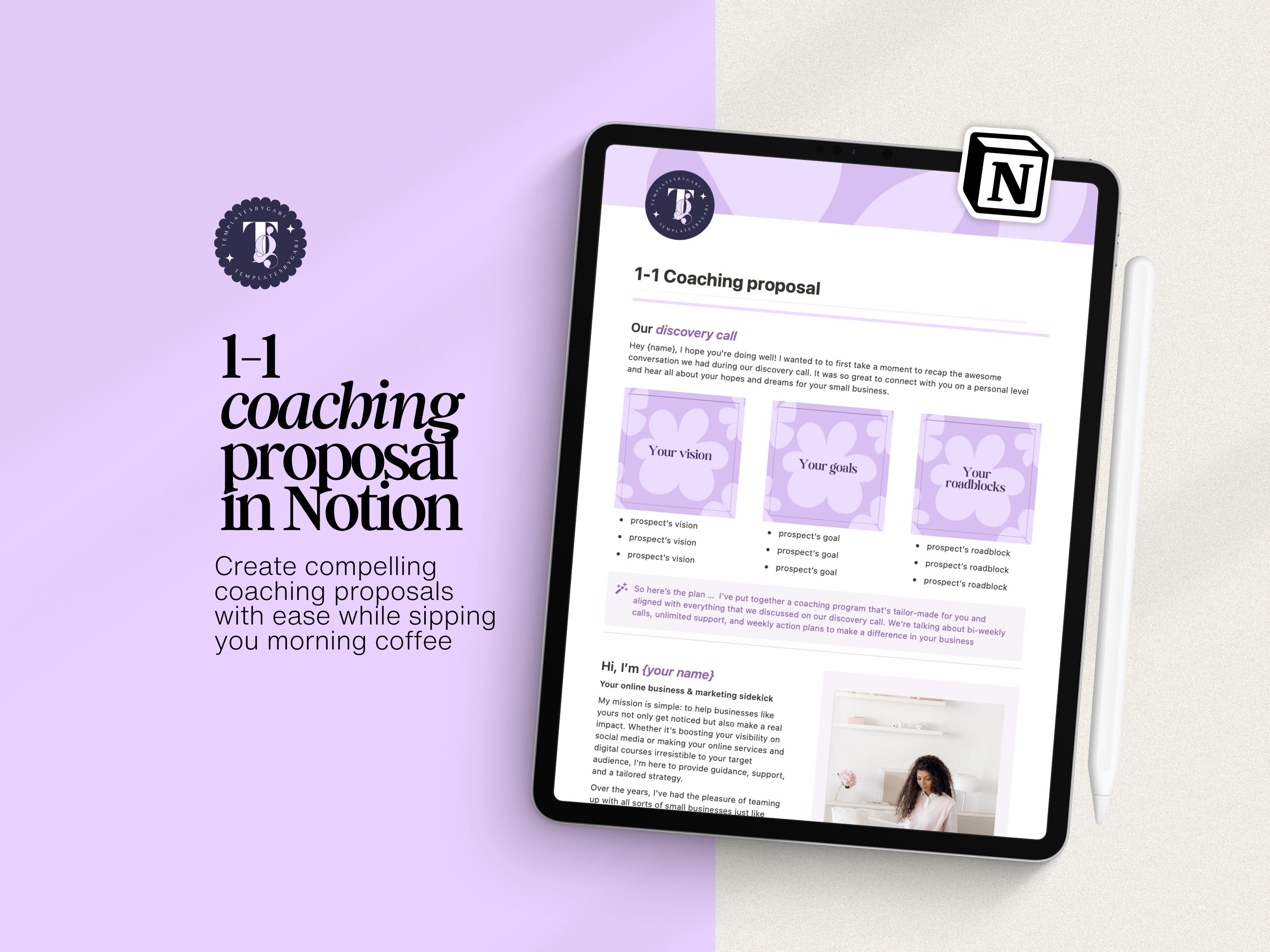 Modelo de proposta de coaching no Notion, Guia de programa de coaching, Modelo de pacote de coaching, Guia de serviços e preços para coach, Coach Notion