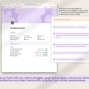 K&ouml;nnte beinhalten: Ein Screenshot einer Website mit einem violetten Hintergrund und einem Abschnitt mit der &Uuml;berschrift "Feedback & Formulare". Die Website enth&auml;lt eine Liste von Formularen f&uuml;r Onboarding, Sitzungsbewertung, Pre-Session-Formular, monatliches Reflexionsformular und abschlie&szlig;endes Feedback. Der Text "Bleiben Sie mit den Problemen, Zielen und Fortschritten Ihres Kunden auf dem Laufenden, stellen Sie sicher, dass Ihre Sitzungen effektiv sind, und sammeln Sie Erfahrungsberichte mithilfe der 5 vorgefertigten Frageb&ouml;gen" wird am unteren Rand der Seite angezeigt.