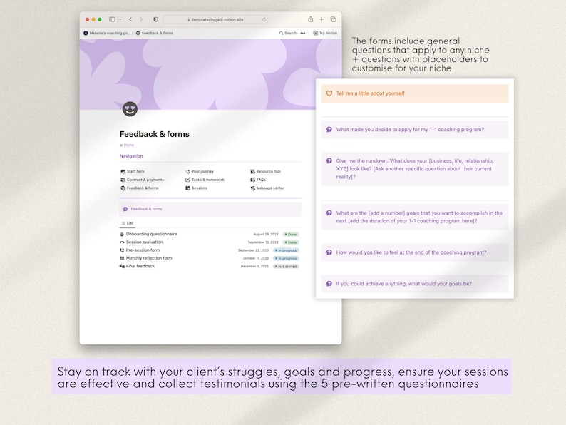 K&ouml;nnte beinhalten: Ein Screenshot einer Website mit einem violetten Hintergrund und einem Abschnitt mit der &Uuml;berschrift "Feedback & Formulare". Die Website enth&auml;lt eine Liste von Formularen f&uuml;r Onboarding, Sitzungsbewertung, Pre-Session-Formular, monatliches Reflexionsformular und abschlie&szlig;endes Feedback. Der Text "Bleiben Sie mit den Problemen, Zielen und Fortschritten Ihres Kunden auf dem Laufenden, stellen Sie sicher, dass Ihre Sitzungen effektiv sind, und sammeln Sie Erfahrungsberichte mithilfe der 5 vorgefertigten Frageb&ouml;gen" wird am unteren Rand der Seite angezeigt.