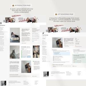 Op de afbeelding: Een website-ontwerp voor digitale marketing met de tekst "INTRODUCTION PAGE" en "OFF-BOARDING PAGE". Het ontwerp bevat afbeeldingen, tekst en een logo met de tekst "socum media". De website staat op een witte achtergrond.