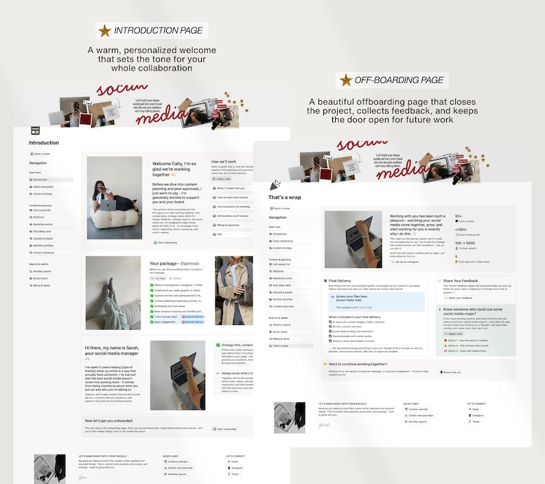 Op de afbeelding: Een website-ontwerp voor digitale marketing met de tekst "INTRODUCTION PAGE" en "OFF-BOARDING PAGE". Het ontwerp bevat afbeeldingen, tekst en een logo met de tekst "socum media". De website staat op een witte achtergrond.