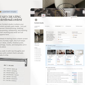 K&ouml;nnte beinhalten: Screenshot einer digitalen Oberfl&auml;che mit dem Text &bdquo;CONTENT STUDIO&ldquo; und &bdquo;START CREATING intentional content&ldquo;. Die Oberfl&auml;che zeigt einen Content-Workflow, ein Notizbuch und andere Ressourcen.