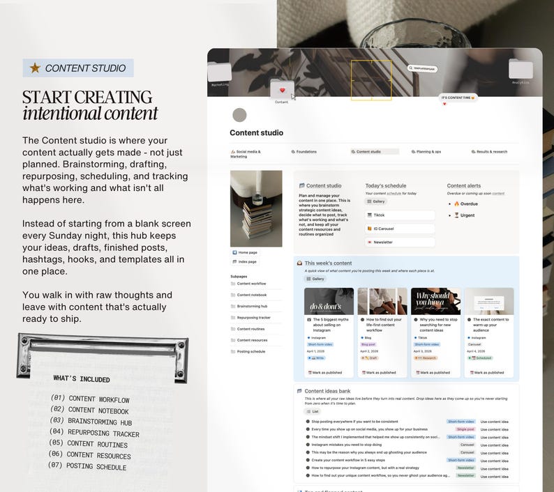 K&ouml;nnte beinhalten: Screenshot einer digitalen Oberfl&auml;che mit dem Text &bdquo;CONTENT STUDIO&ldquo; und &bdquo;START CREATING intentional content&ldquo;. Die Oberfl&auml;che zeigt einen Content-Workflow, ein Notizbuch und andere Ressourcen.