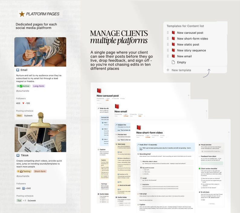 Notion-sjabloon klantportal social media, klantintroductie, contentstrategie afbeelding 9