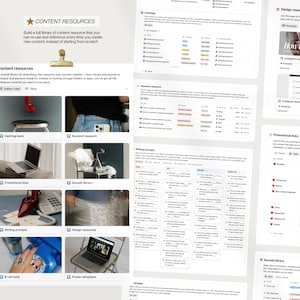 K&ouml;nnte beinhalten: Ein digitaler Content-Ressourcen-Leitfaden mit dem Titel "CONTENT RESOURCES". Er enth&auml;lt Abschnitte zu Hashtags, Keyword-Recherche, Schreibaufforderungen, Design-Ressourcen und Werbelinks. Das Design ist sauber und &uuml;bersichtlich.