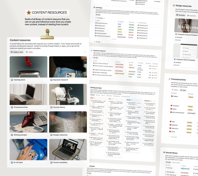K&ouml;nnte beinhalten: Ein digitaler Content-Ressourcen-Leitfaden mit dem Titel "CONTENT RESOURCES". Er enth&auml;lt Abschnitte zu Hashtags, Keyword-Recherche, Schreibaufforderungen, Design-Ressourcen und Werbelinks. Das Design ist sauber und &uuml;bersichtlich.