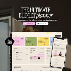 May include: A digital budget planner interface displayed on a screen and smartphone, featuring the text THE ULTIMATE BUDGET planner, USE ONLINE, USE OFFLINE, and FREE demo. The dashboard shows financial data, colorful cards, and a calendar.