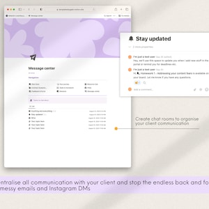 K&ouml;nnte beinhalten: Ein Screenshot einer Website, die ein Nachrichtenzentrum mit einem violetten Hintergrund und einem Benachrichtigungssymbol in Form einer Glocke zeigt. Das Benachrichtigungssymbol enth&auml;lt eine Nachricht mit dem Text "Bleiben Sie auf dem Laufenden". Das Nachrichtenzentrum verf&uuml;gt &uuml;ber eine Liste von Themen und eine Chatroom-Funktion. Der Text unter dem Bild lautet "Zentralisieren Sie die gesamte Kommunikation mit Ihrem Kunden und beenden Sie den endlosen Hin- und Her-Verkehr von un&uuml;bersichtlichen E-Mails und Instagram-Direktnachrichten."