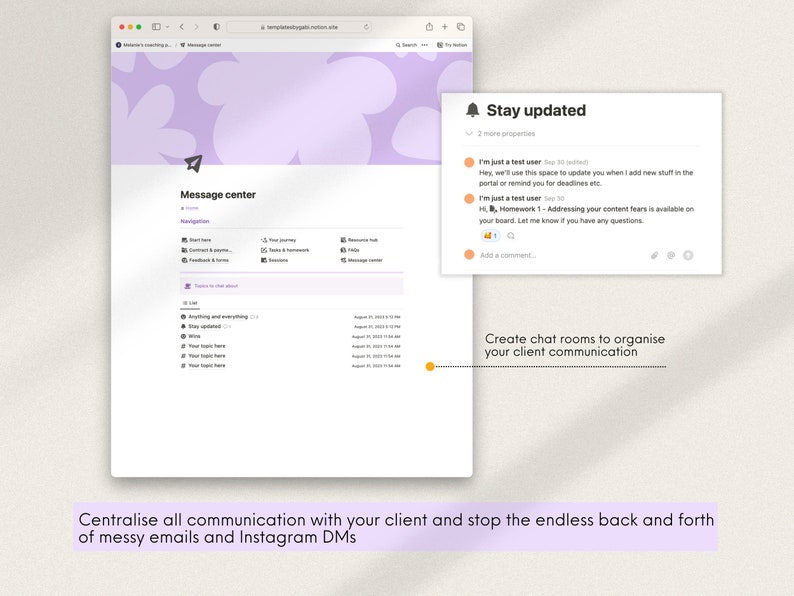 K&ouml;nnte beinhalten: Ein Screenshot einer Website, die ein Nachrichtenzentrum mit einem violetten Hintergrund und einem Benachrichtigungssymbol in Form einer Glocke zeigt. Das Benachrichtigungssymbol enth&auml;lt eine Nachricht mit dem Text "Bleiben Sie auf dem Laufenden". Das Nachrichtenzentrum verf&uuml;gt &uuml;ber eine Liste von Themen und eine Chatroom-Funktion. Der Text unter dem Bild lautet "Zentralisieren Sie die gesamte Kommunikation mit Ihrem Kunden und beenden Sie den endlosen Hin- und Her-Verkehr von un&uuml;bersichtlichen E-Mails und Instagram-Direktnachrichten."