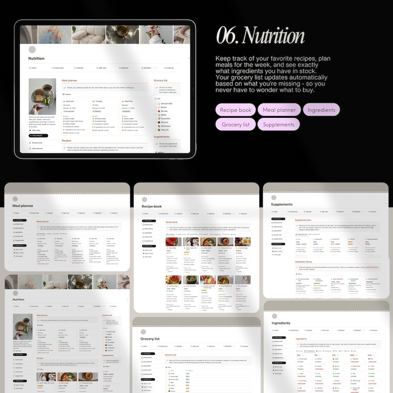 May include: A screenshot of a website interface for a nutrition app. The website is divided into sections for meal planning, recipe books, grocery lists, ingredients, and supplements. The website is designed to help users plan meals, track their nutrition, and manage their grocery lists.