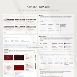 Op de afbeelding: Een digitale gids voor contentbronnen met secties voor hashtagbanken, trending audio en visuele inspiratie. De gids bevat tekst zoals "Content resources" en "Houd alle content resources georganiseerd en gemakkelijk voor uw klant."