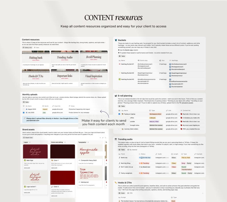 Op de afbeelding: Een digitale gids voor contentbronnen met secties voor hashtagbanken, trending audio en visuele inspiratie. De gids bevat tekst zoals "Content resources" en "Houd alle content resources georganiseerd en gemakkelijk voor uw klant."