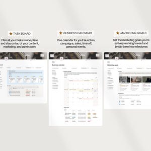 K&ouml;nnte beinhalten: Drei digitale Bildschirme mit den Texten: "TASK BOARD", "BUSINESS CALENDAR" und "MARKETING GOALS". Die Bildschirme zeigen Aufgabenlisten, einen Kalender und Tools zur Zielsetzung. Der Text beschreibt die Funktionen jedes Bildschirms.