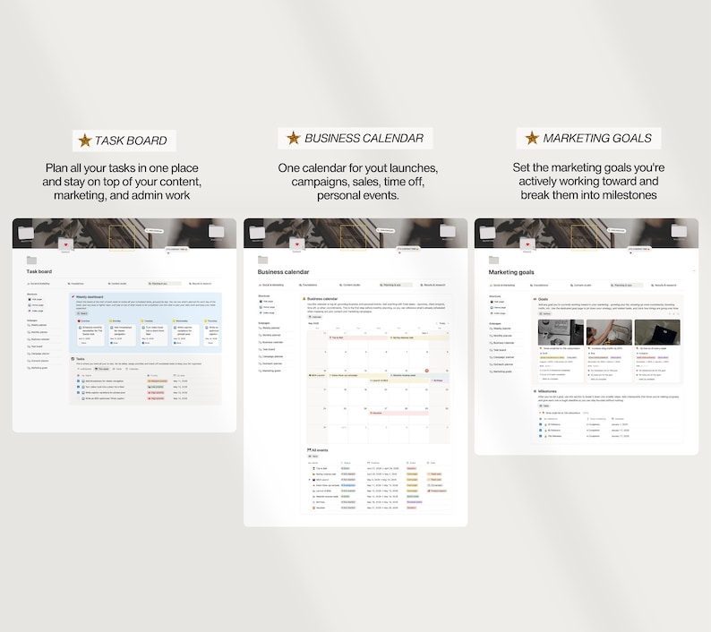 K&ouml;nnte beinhalten: Drei digitale Bildschirme mit den Texten: "TASK BOARD", "BUSINESS CALENDAR" und "MARKETING GOALS". Die Bildschirme zeigen Aufgabenlisten, einen Kalender und Tools zur Zielsetzung. Der Text beschreibt die Funktionen jedes Bildschirms.