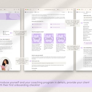 K&ouml;nnte beinhalten: Ein Screenshot einer Website, die ein Coaching-Programm zeigt. Die Website hat ein lila-wei&szlig;es Farbschema und bietet eine personalisierte Roadmap, w&ouml;chentliche Coaching-Anrufe und VIP-Zugang zu Angebotsverk&auml;ufen. Die Website enth&auml;lt auch eine Checkliste f&uuml;r die Onboarding neuer Kunden.