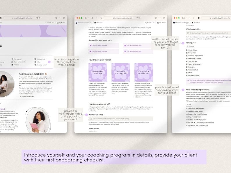 K&ouml;nnte beinhalten: Ein Screenshot einer Website, die ein Coaching-Programm zeigt. Die Website hat ein lila-wei&szlig;es Farbschema und bietet eine personalisierte Roadmap, w&ouml;chentliche Coaching-Anrufe und VIP-Zugang zu Angebotsverk&auml;ufen. Die Website enth&auml;lt auch eine Checkliste f&uuml;r die Onboarding neuer Kunden.