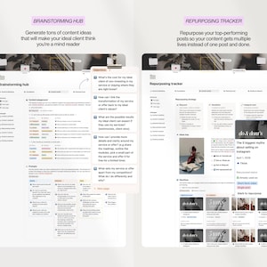 K&ouml;nnte beinhalten: Zwei digitale Planungsseiten werden angezeigt, eine mit der Bezeichnung "Brainstorming Hub" und die andere "Repurposing Tracker". Die Brainstorming Hub-Seite enth&auml;lt Text &uuml;ber das Generieren von Inhaltsideen. Die Repurposing Tracker-Seite behandelt die Wiederverwendung von Beitr&auml;gen.