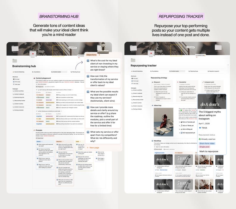 K&ouml;nnte beinhalten: Zwei digitale Planungsseiten werden angezeigt, eine mit der Bezeichnung "Brainstorming Hub" und die andere "Repurposing Tracker". Die Brainstorming Hub-Seite enth&auml;lt Text &uuml;ber das Generieren von Inhaltsideen. Die Repurposing Tracker-Seite behandelt die Wiederverwendung von Beitr&auml;gen.