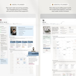 K&ouml;nnte beinhalten: Zwei digitale Planer, einer w&ouml;chentlich und einer monatlich, mit Text und Kalenderlayouts. Der Wochenplaner enth&auml;lt ein Foto und Abschnitte f&uuml;r Top-Priorit&auml;ten und Inhaltsplanung. Der Monatsplaner zeigt ein Kamerafoto und einen Gesch&auml;ftskalender.