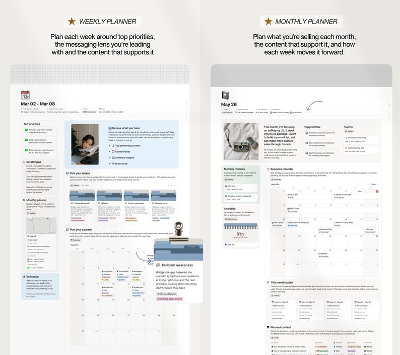 K&ouml;nnte beinhalten: Zwei digitale Planer, einer w&ouml;chentlich und einer monatlich, mit Text und Kalenderlayouts. Der Wochenplaner enth&auml;lt ein Foto und Abschnitte f&uuml;r Top-Priorit&auml;ten und Inhaltsplanung. Der Monatsplaner zeigt ein Kamerafoto und einen Gesch&auml;ftskalender.