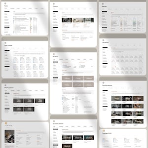 May include: A digital planner with various sections for tasks, projects, agendas, habit tracking, routines, daily, weekly, monthly, quarterly, and yearly planning. The planner features a clean, minimalist design with a light grey background and black text.