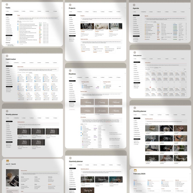 May include: A digital planner with various sections for tasks, projects, agendas, habit tracking, routines, daily, weekly, monthly, quarterly, and yearly planning. The planner features a clean, minimalist design with a light grey background and black text.