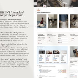 K&ouml;nnte beinhalten: Eine Vorlage f&uuml;r digitales Marketing und Social-Media-Planung mit dem Text "THIS ISN'T a template to organize your posts." Die Vorlage enth&auml;lt Abschnitte f&uuml;r Marketingstrategie, Inhaltsplanung und Analysen in einem modernen Design.