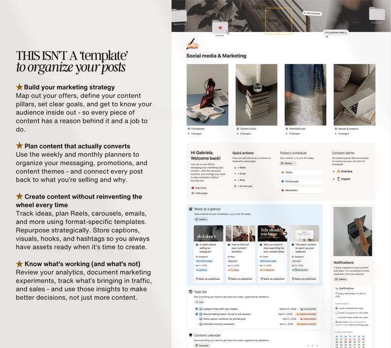 K&ouml;nnte beinhalten: Eine Vorlage f&uuml;r digitales Marketing und Social-Media-Planung mit dem Text "THIS ISN'T a template to organize your posts." Die Vorlage enth&auml;lt Abschnitte f&uuml;r Marketingstrategie, Inhaltsplanung und Analysen in einem modernen Design.