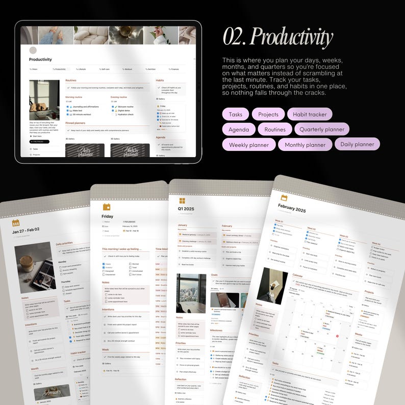 May include: A digital planner with a productivity theme. The planner includes sections for tasks, projects, habit tracking, routines, agendas, and weekly, monthly, and daily planning. The planner is designed to help users stay organised and focused.