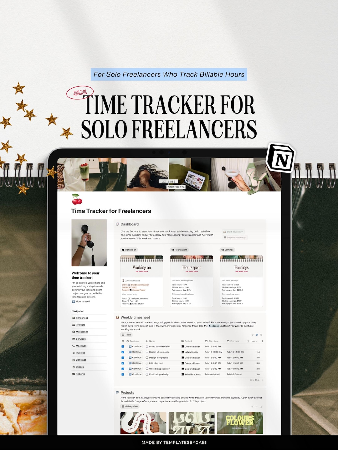 Notion Time Tracker Template for Solo Freelancers, Timesheet and