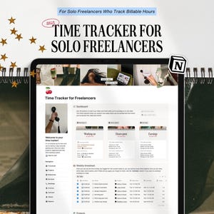 Pode incluir: Um rastreador de tempo digital para freelancers, exibido em um tablet. A tela mostra um painel com seções para tempo de trabalho, horas gastas e ganhos. O texto inclui "Time Tracker for Solo Freelancers" e "Made by Templatesbygabi."