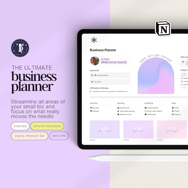 Business planner Notion, business dashboard for coaches, notion business hub, business template finances, CRM client tracker