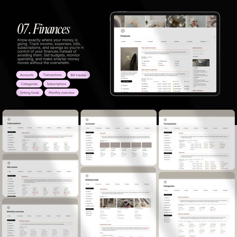May include: A screenshot of a website interface for managing finances. The website has sections for accounts, transactions, bill tracker, categories, sinking funds, and monthly overview. The website is designed to help users track their income, expenses, and savings.