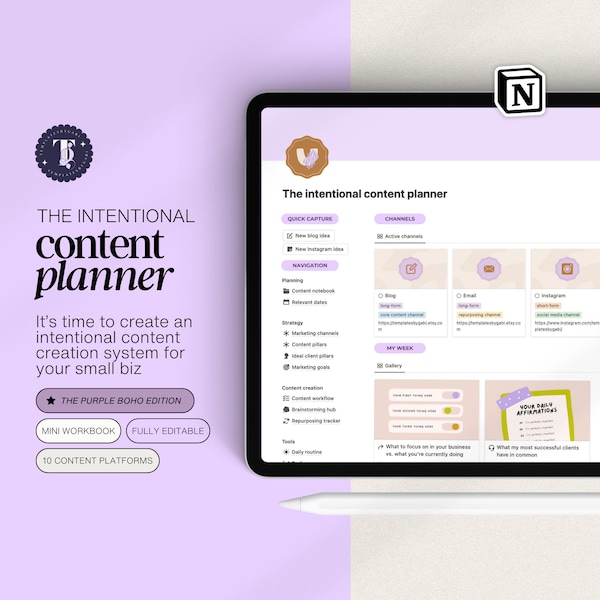 Notion template content planner, social media content planner template, content creator, social media content calendar, marketing template