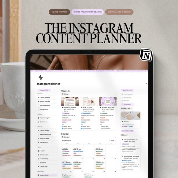 Instagram Content Planner Notion Template, Social Media Calendar, Content Strategy