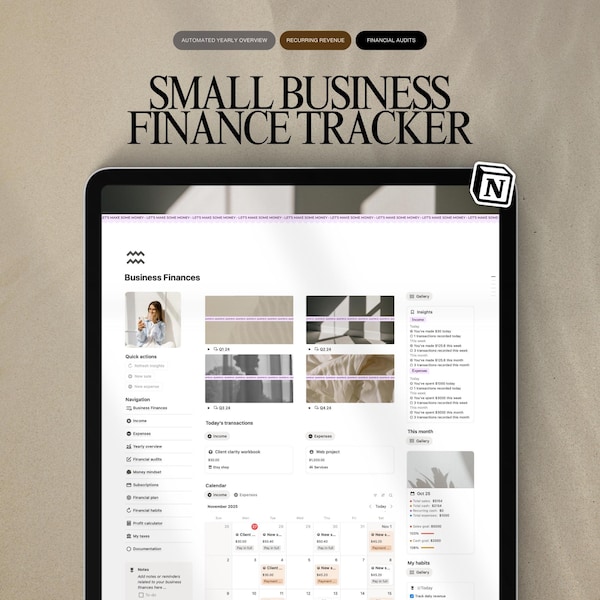 Small Business Finance Tracker Notion Template, Income and Expense, Bookkeeping, Notion Financial Planner