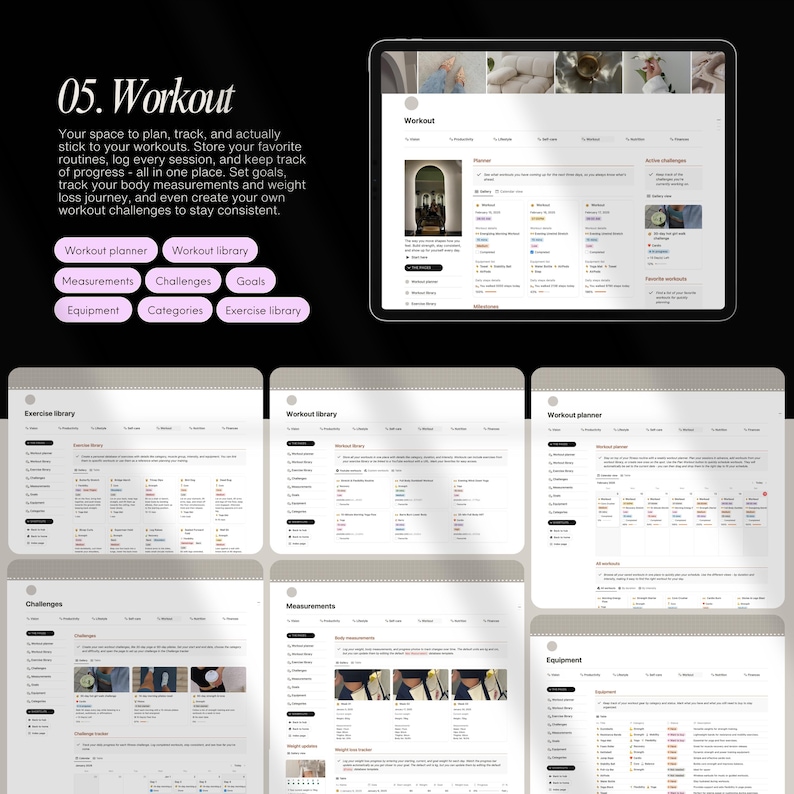 May include: A screenshot of a website interface for a workout planner. The website has a light grey background with a white interface. The website is divided into sections, including "Workout Planner", "Workout Library", "Measurements", "Challenges", "Goals", "Equipment", "Categories", and "Exercise Library".
