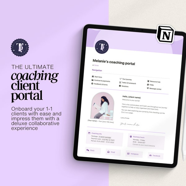 Client portal template in Notion for coaches, Notion template client portal, Notion coaching template, Client dashboard, Client onboarding