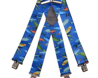 Brimarc Mens Heavy Duty Blue Fish Braces Trouser Belt Suspender 2&quot; 50mm Wide