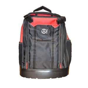 May include: Black and red backpack with a black rubber base. The backpack has a zippered pocket and a mesh side pocket.