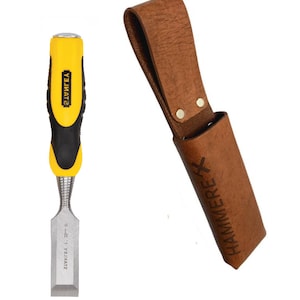May include: A yellow and black Stanley chisel with a leather sheath. The sheath is brown and has the word "HAMMEREK" embossed on it.