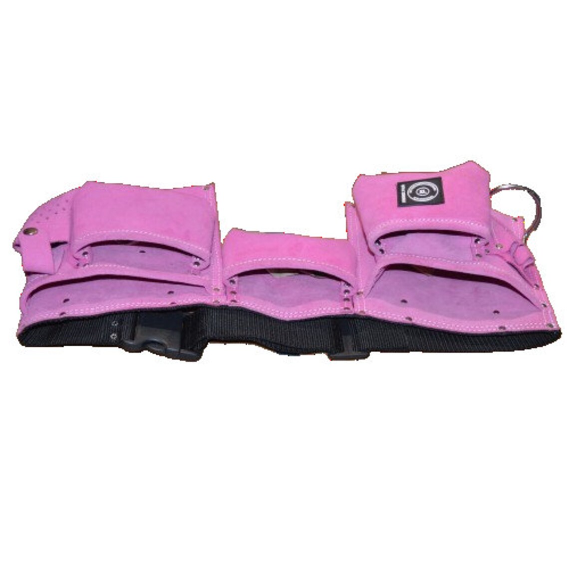 7-Pocket Pink Suede Double Tool Pouch With Nylon Belt – Quick-Release Buckle, Metal Hamper Holder, Tape Measure & Knife Sheath, For Roofers And Construction Workers