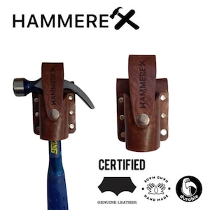 May include: Brown leather hammer holder with the text "HAMMEREX" embossed on the front. The holder is certified, made of genuine leather, and hand-made. The holder is durable and has a loop for hanging.