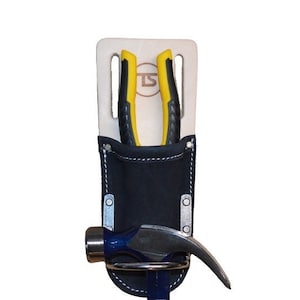May include: A black leather tool belt with a wooden backer. The belt has a hammer holder and a pocket for pliers. The pliers have yellow handles and the hammer has a blue handle.