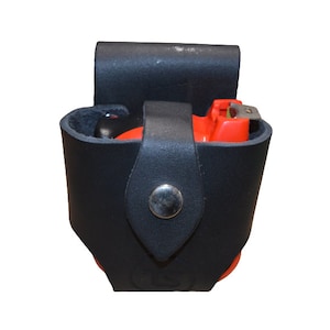 May include: Black leather tape measure holder with a snap closure. The holder is designed to fit a small tape measure and has a belt loop.